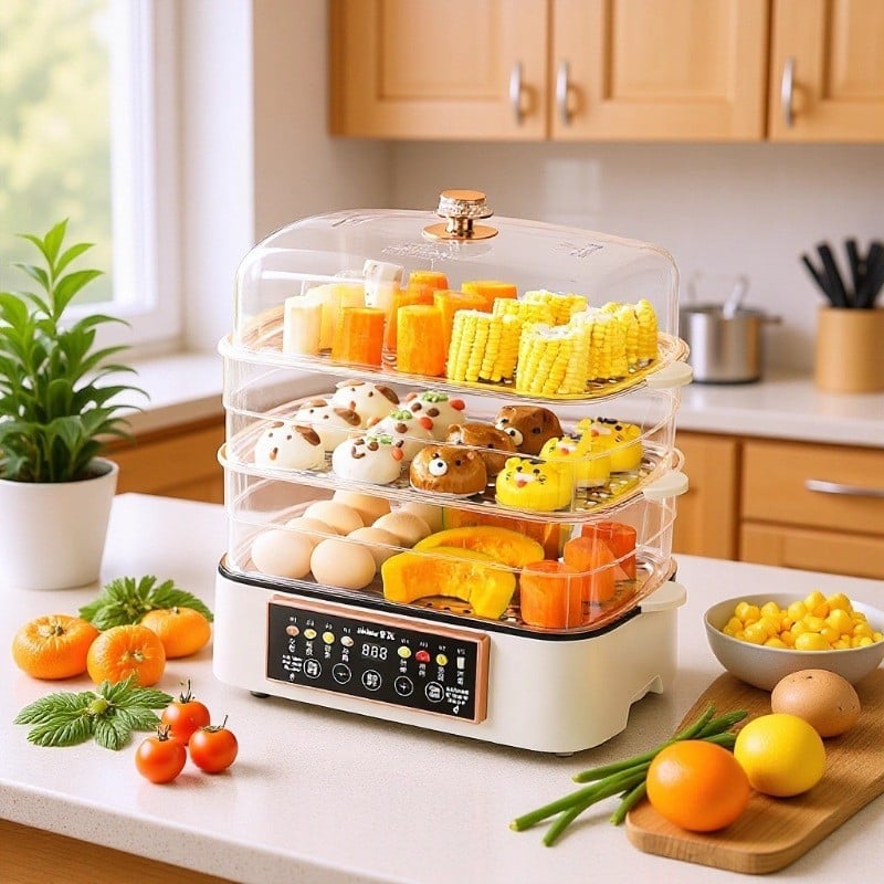 Електрическа пароварка с капацитет над 10 л, многоетажна конструкция (3+ слоя), вътрешен съд от неръждаема стомана, 1500 W, микрокомпютърно управление