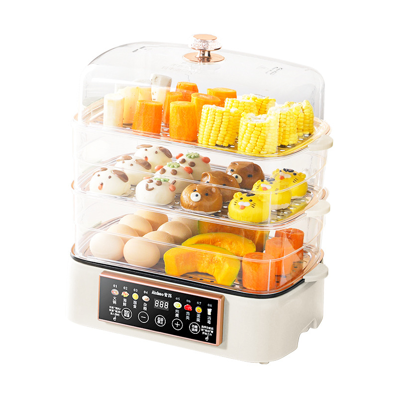 Електрическа пароварка с капацитет над 10 л, многоетажна конструкция (3+ слоя), вътрешен съд от неръждаема стомана, 1500 W, микрокомпютърно управление