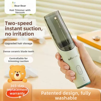 Tăietor de păr electric pentru bebeluși Teddy Bear cu aspirație automată a părului – reîncărcabil, baterie încorporată 500–800 mAh, lame ceramice, impermeabil, zgomot 36–45 dB, autonomie 0–1 h