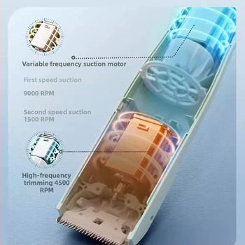 Tăietor de păr electric pentru bebeluși Teddy Bear cu aspirație automată a părului – reîncărcabil, baterie încorporată 500–800 mAh, lame ceramice, impermeabil, zgomot 36–45 dB, autonomie 0–1 h