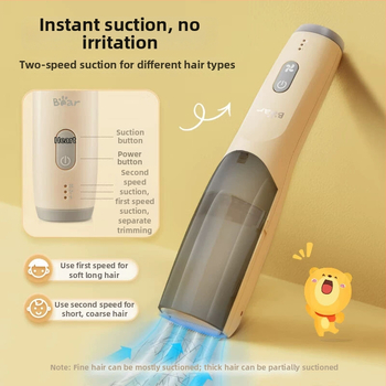 Tăietor de păr electric pentru bebeluși Teddy Bear cu aspirație automată a părului – reîncărcabil, baterie încorporată 500–800 mAh, lame ceramice, impermeabil, zgomot 36–45 dB, autonomie 0–1 h