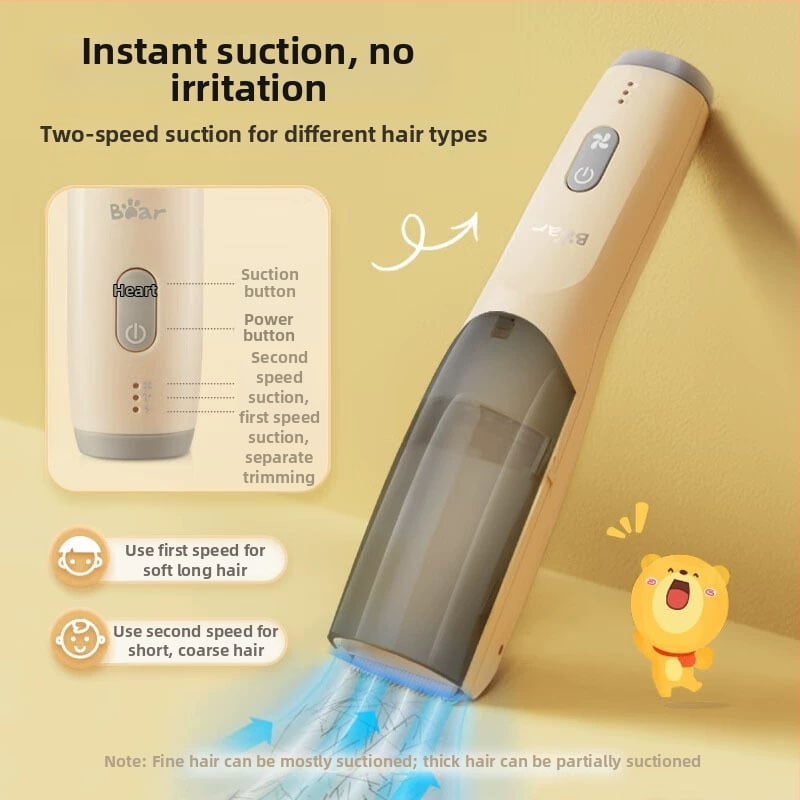 Tăietor de păr electric pentru bebeluși Teddy Bear cu aspirație automată a părului – reîncărcabil, baterie încorporată 500–800 mAh, lame ceramice, impermeabil, zgomot 36–45 dB, autonomie 0–1 h