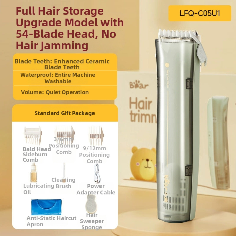 Tăietor de păr electric pentru bebeluși Teddy Bear cu aspirație automată a părului – reîncărcabil, baterie încorporată 500–800 mAh, lame ceramice, impermeabil, zgomot 36–45 dB, autonomie 0–1 h