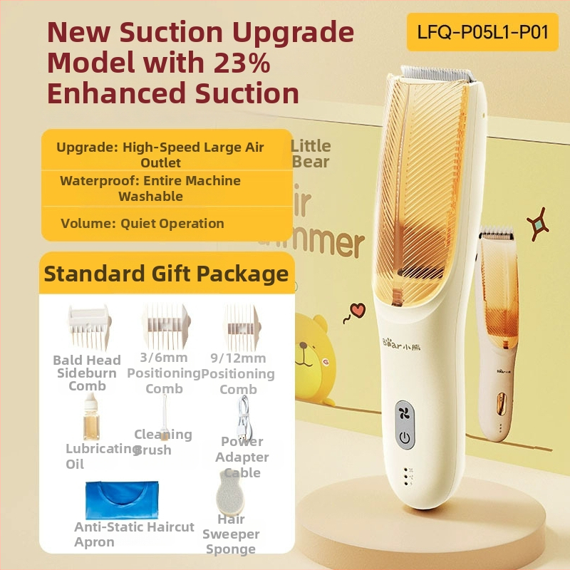 Tăietor de păr electric pentru bebeluși Teddy Bear cu aspirație automată a părului – reîncărcabil, baterie încorporată 500–800 mAh, lame ceramice, impermeabil, zgomot 36–45 dB, autonomie 0–1 h