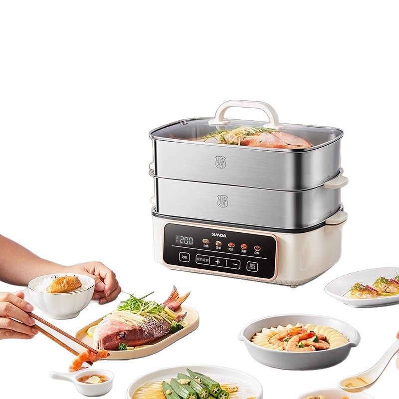 Dg-10a Aburitor electric din oțel inoxidabil – capacitate peste 10 L, peste 3 niveluri, 1200W la 220V, funcții: aburire, fierbere, prăjire, hot pot