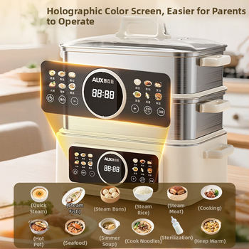 Trojposchodový elektrický parný hrniec zo 304 nerezovej ocele, kapacita nad 10 litrov, mechanické ovládanie, parenie, varenie a dusenie