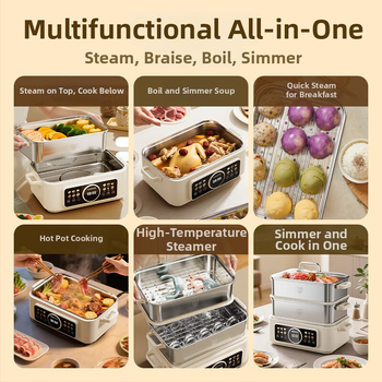 Trojposchodový elektrický parný hrniec zo 304 nerezovej ocele, kapacita nad 10 litrov, mechanické ovládanie, parenie, varenie a dusenie