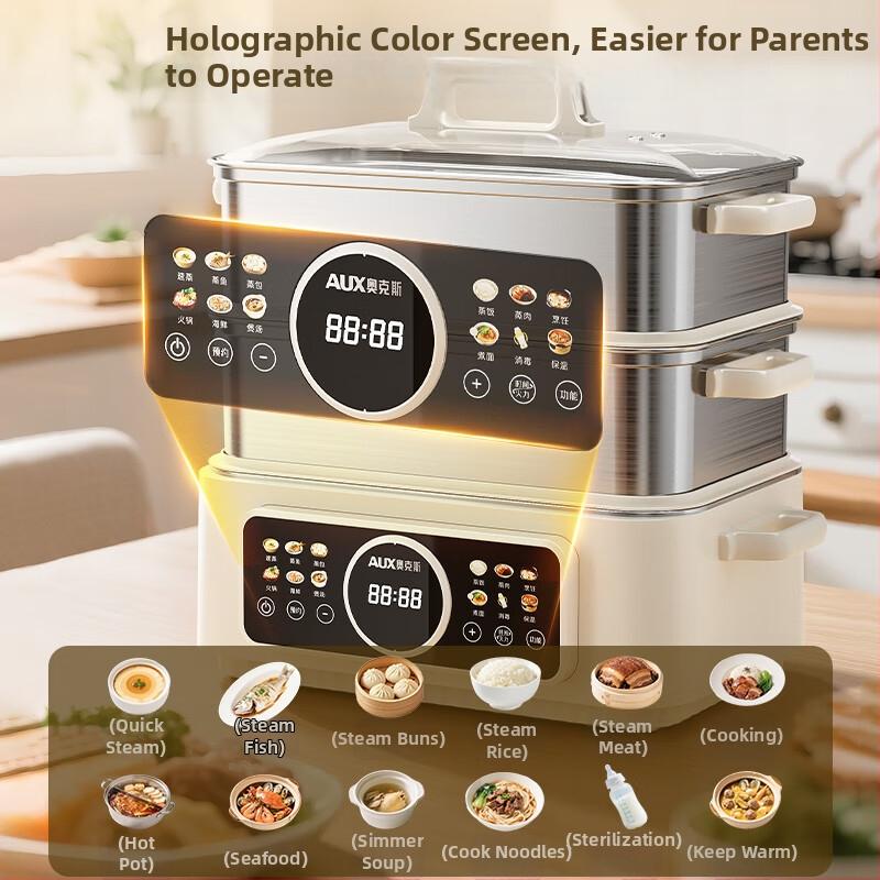 Trojposchodový elektrický parný hrniec zo 304 nerezovej ocele, kapacita nad 10 litrov, mechanické ovládanie, parenie, varenie a dusenie