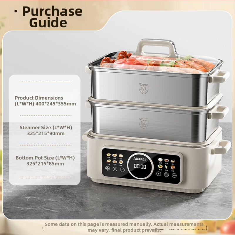 Trojposchodový elektrický parný hrniec zo 304 nerezovej ocele, kapacita nad 10 litrov, mechanické ovládanie, parenie, varenie a dusenie