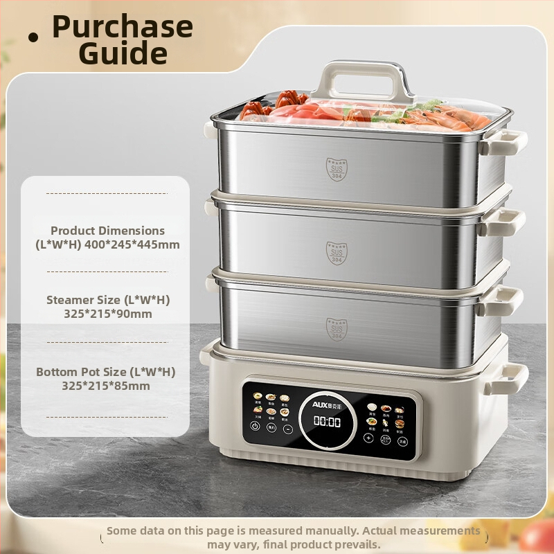 Trojposchodový elektrický parný hrniec zo 304 nerezovej ocele, kapacita nad 10 litrov, mechanické ovládanie, parenie, varenie a dusenie