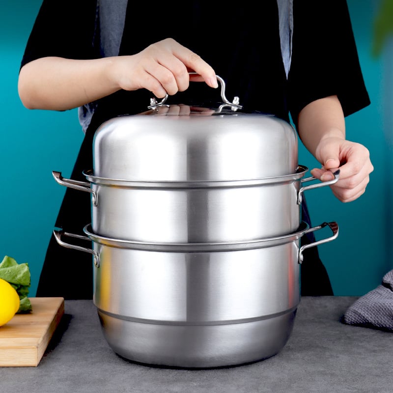 Trei niveluri de gătit la abur din oțel inox, capac din oțel, 410 oțel inoxidabil, compatibil cu inducția