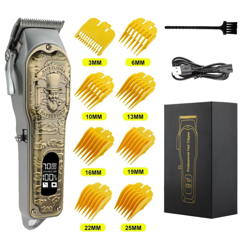 Mașină de tuns electrica, reîncărcabilă, cu cap de tăiere detașabil și lavabil; lame din oțel inoxidabil; motor cu perii; baterie încorporată 1200–2000 mAh