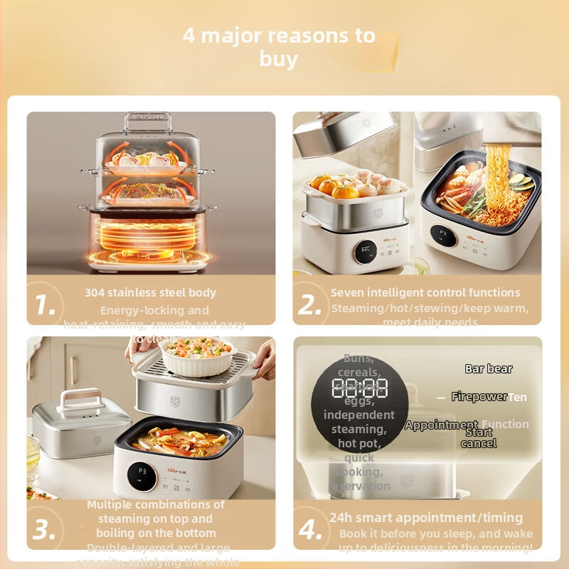 Bear cuptor cu aburi electric cu două niveluri, capacitate 9,5 L, control microcomputer, vas interior din oțel inox 304, putere 1000W