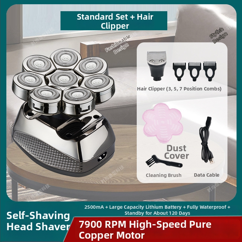 Elektrické holiace zariadenie na plešatú hlavu, výdrž batérie 60+ minút, dvojité napájanie (nabíjanie/zo zásuvky), motor s kefkami, batéria 6000 mAh+ vymeniteľná