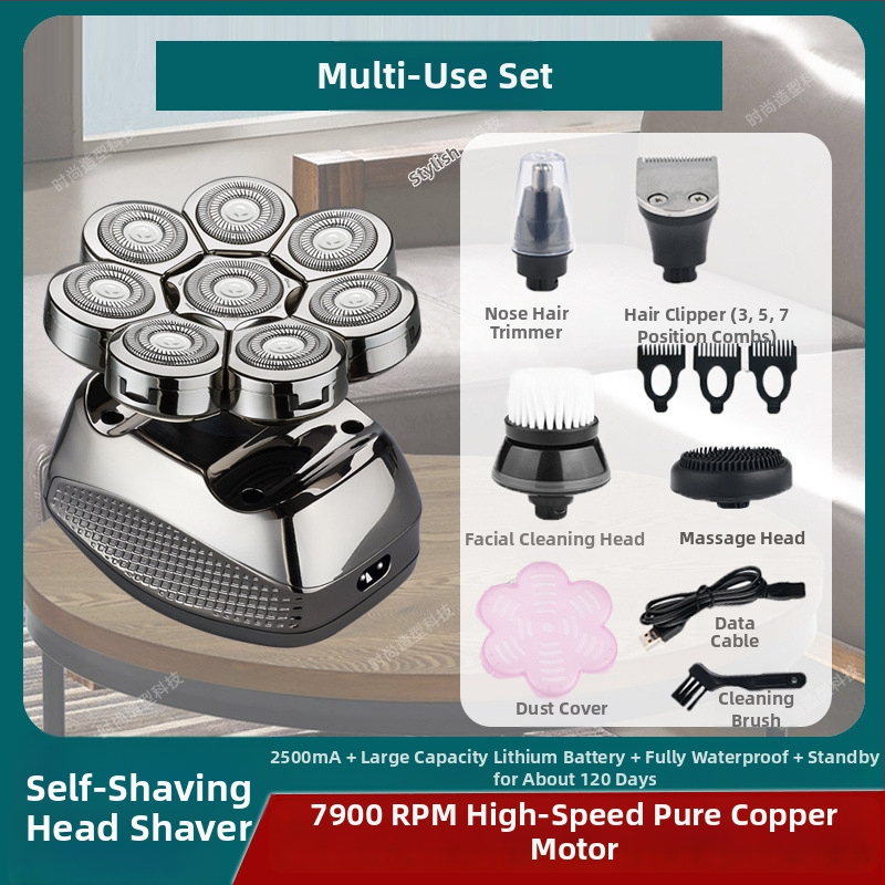 Elektrické holiace zariadenie na plešatú hlavu, výdrž batérie 60+ minút, dvojité napájanie (nabíjanie/zo zásuvky), motor s kefkami, batéria 6000 mAh+ vymeniteľná