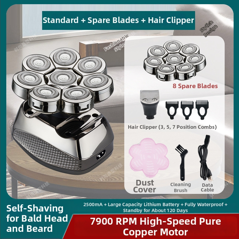 Elektrické holiace zariadenie na plešatú hlavu, výdrž batérie 60+ minút, dvojité napájanie (nabíjanie/zo zásuvky), motor s kefkami, batéria 6000 mAh+ vymeniteľná