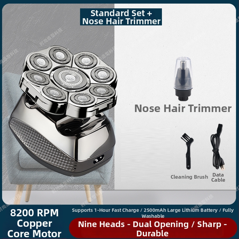 Elektrické holiace zariadenie na plešatú hlavu, výdrž batérie 60+ minút, dvojité napájanie (nabíjanie/zo zásuvky), motor s kefkami, batéria 6000 mAh+ vymeniteľná