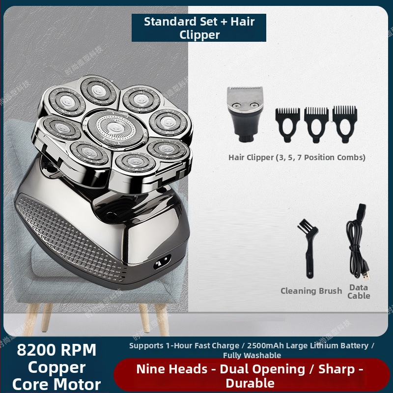 Elektrické holiace zariadenie na plešatú hlavu, výdrž batérie 60+ minút, dvojité napájanie (nabíjanie/zo zásuvky), motor s kefkami, batéria 6000 mAh+ vymeniteľná