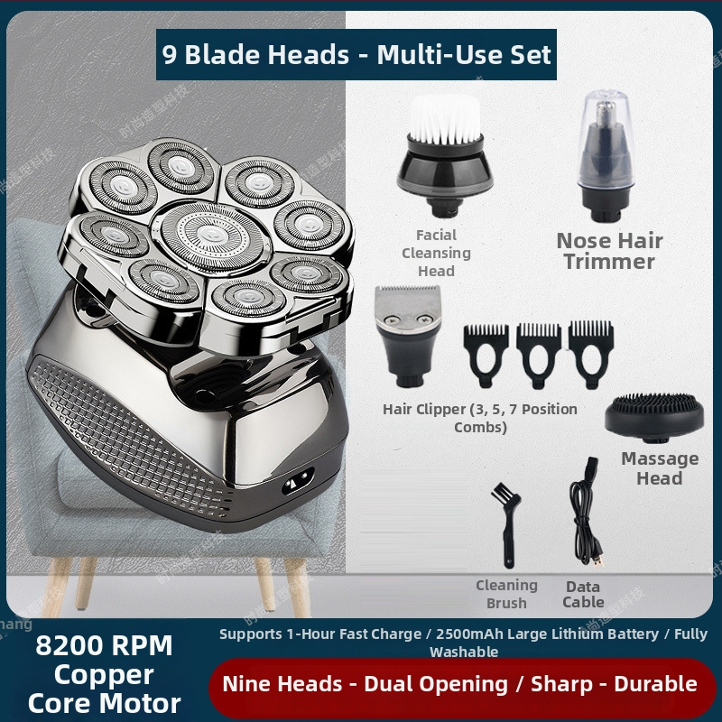 Elektrické holiace zariadenie na plešatú hlavu, výdrž batérie 60+ minút, dvojité napájanie (nabíjanie/zo zásuvky), motor s kefkami, batéria 6000 mAh+ vymeniteľná