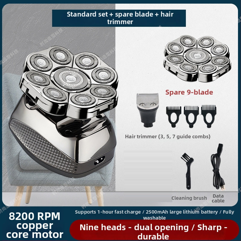 Elektrické holiace zariadenie na plešatú hlavu, výdrž batérie 60+ minút, dvojité napájanie (nabíjanie/zo zásuvky), motor s kefkami, batéria 6000 mAh+ vymeniteľná