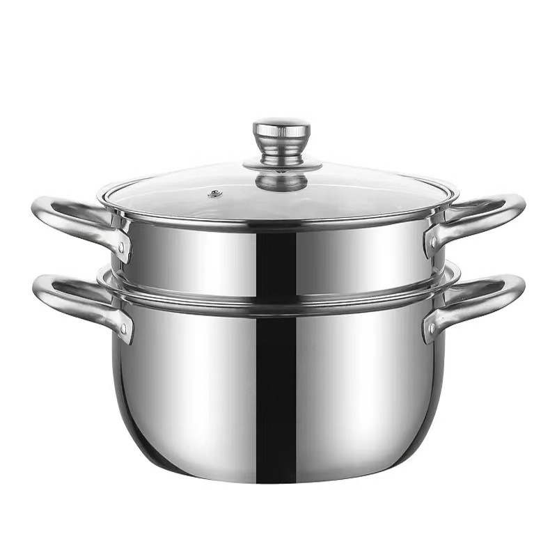 Oală pentru aburi cu două etaje, din oțel inoxidabil 410, capac de sticlă, adânime 12 cm, potrivită pentru plită obișnuită