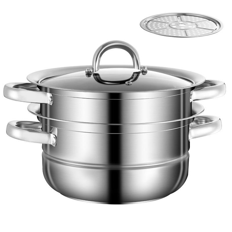 Oală pentru aburi cu două etaje, din oțel inoxidabil 410, capac de sticlă, adânime 12 cm, potrivită pentru plită obișnuită