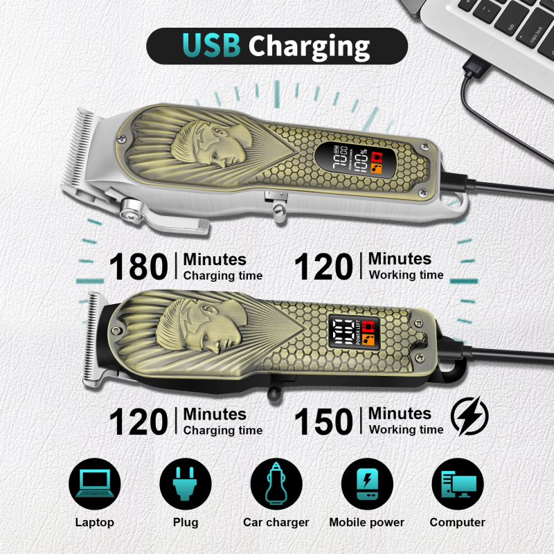 Mașină de tuns păr reîncărcabilă, cu motor fără perii, lame din oțel inoxidabil, baterie încorporată 1200–2000mAh, timp de funcționare 1–3 h, zgomot sub 36 dB