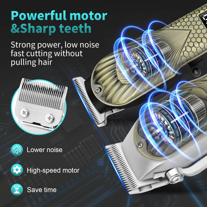 Mașină de tuns păr reîncărcabilă, cu motor fără perii, lame din oțel inoxidabil, baterie încorporată 1200–2000mAh, timp de funcționare 1–3 h, zgomot sub 36 dB