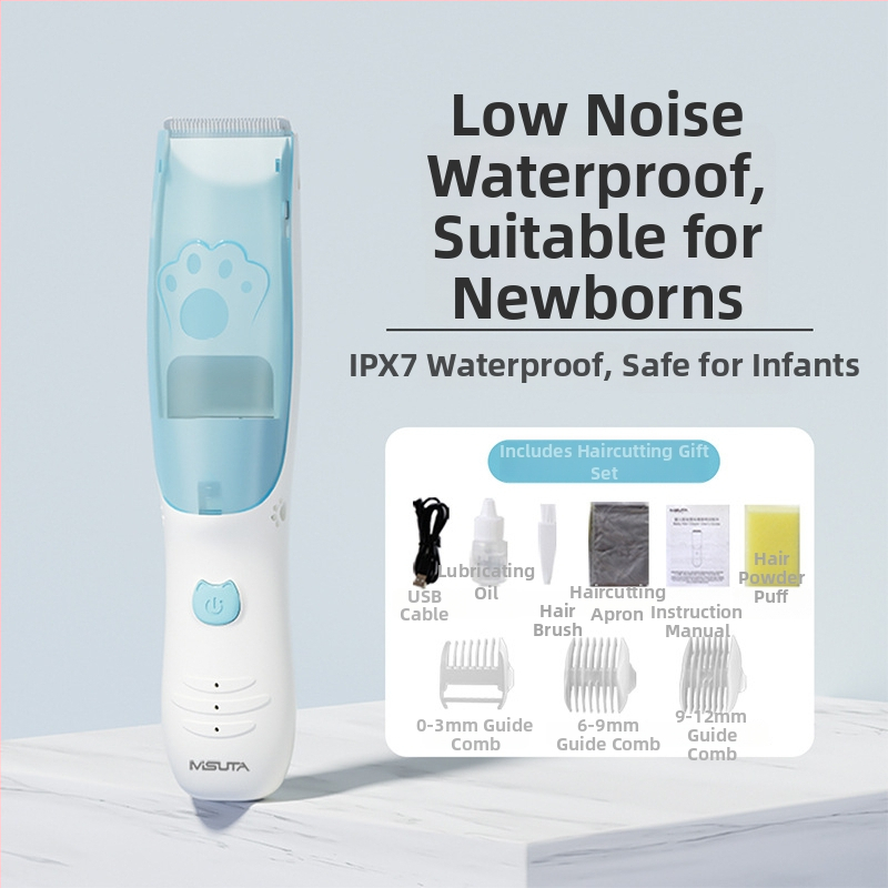 Misuta detský holiaci strojček na vlasy – nabíjateľný, 5W motor, automatické odsávanie vlasov, tichý chod, vodotesný, vhodný pre deti aj dospelých