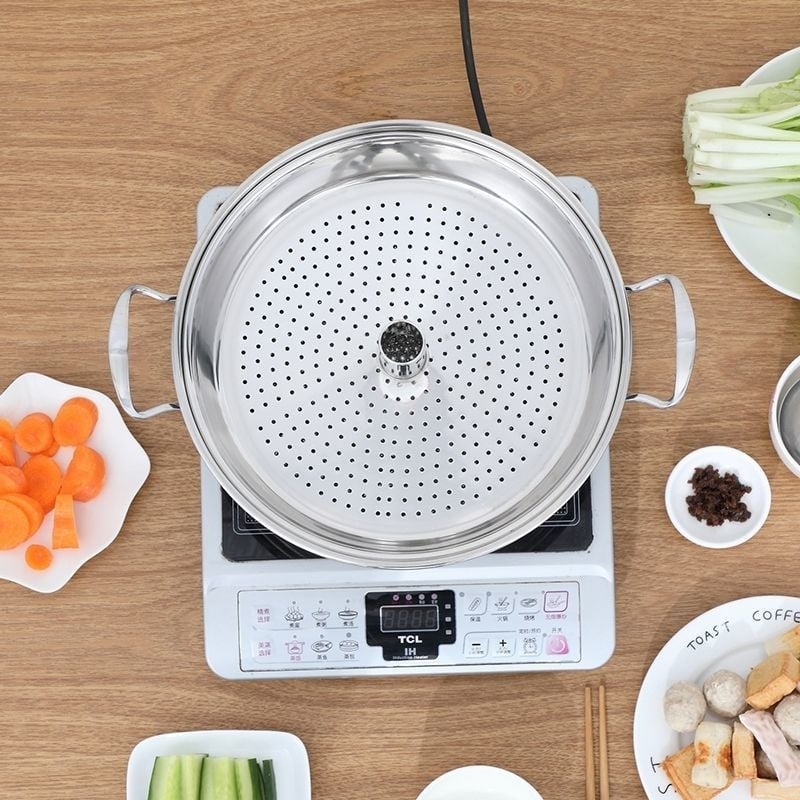 Vas de aburi pentru fructe de mare, cu fund dublu, din oțel inoxidabil 201, un singur nivel, compatibil cu plite pe gaz și inducție