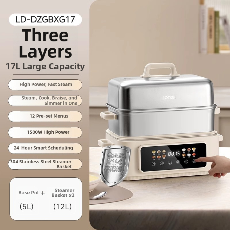 Elektrický parný hrniec s tromi vrstvami, kapacita nad 10 l, vnútorná vložka z 304 nerezovej ocele, mikroprocesorové riadenie, 1500W pri 220V 50Hz