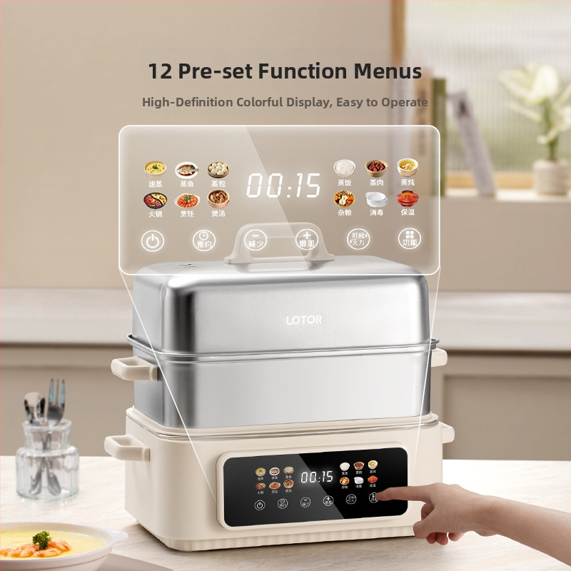 Elektrický parný hrniec s tromi vrstvami, kapacita nad 10 l, vnútorná vložka z 304 nerezovej ocele, mikroprocesorové riadenie, 1500W pri 220V 50Hz