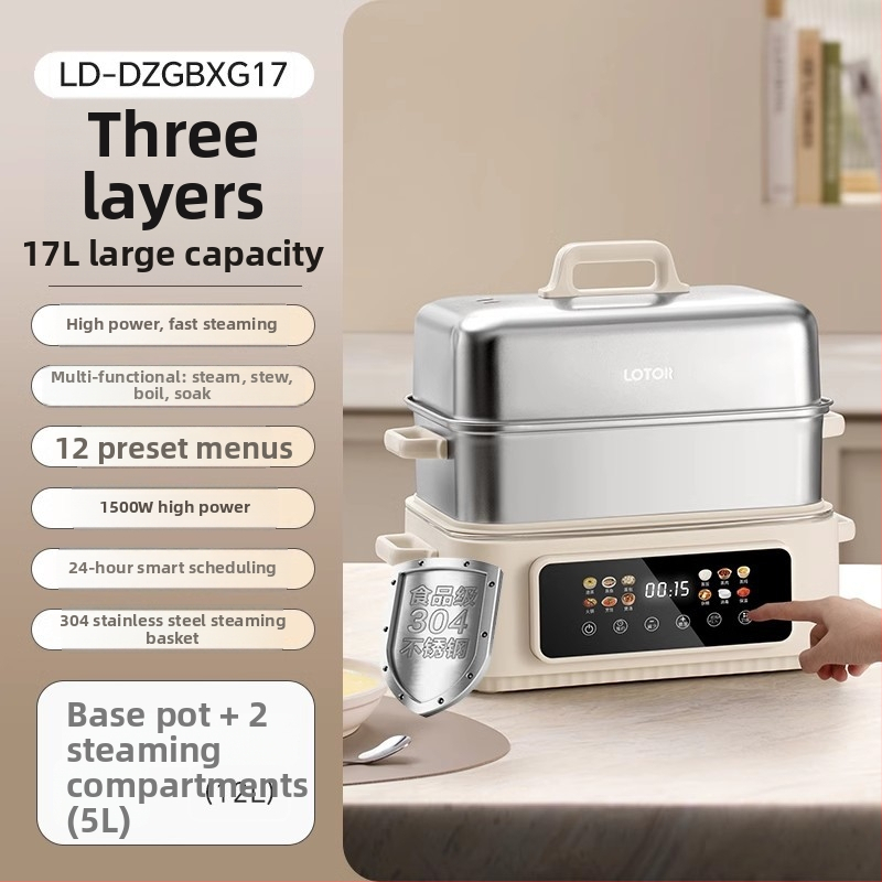 Elektrický parný hrniec s tromi vrstvami, kapacita nad 10 l, vnútorná vložka z 304 nerezovej ocele, mikroprocesorové riadenie, 1500W pri 220V 50Hz