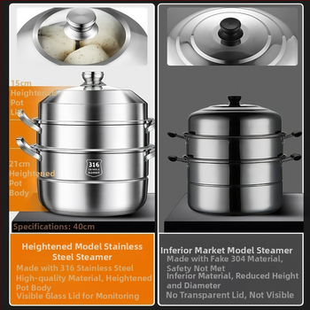 Parný hrniec z nehrdzavejúcej ocele 316, dvojposchodový, sklenená pokrievka, s protiprilepenému povrchu, vhodný pre indukciu