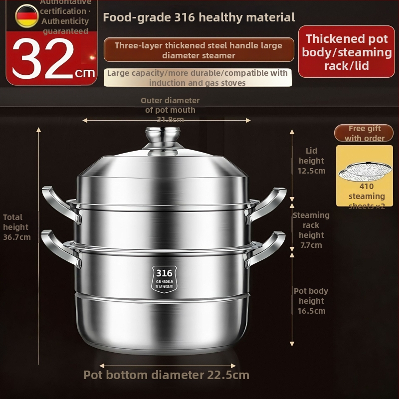 Parný hrniec z nehrdzavejúcej ocele 316, dvojposchodový, sklenená pokrievka, s protiprilepenému povrchu, vhodný pre indukciu