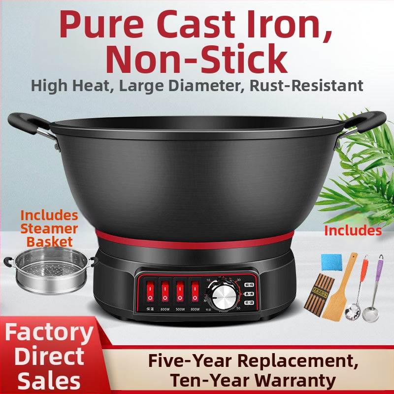 Elektrický wok s nepriľnavým vnútorným hrnčekom – viacúčelový na parenie, smaženie, varenie a dusenie; vnútorný kotlík z porcelánového kryštálu, telo z borosilikátového skla, 1500W+