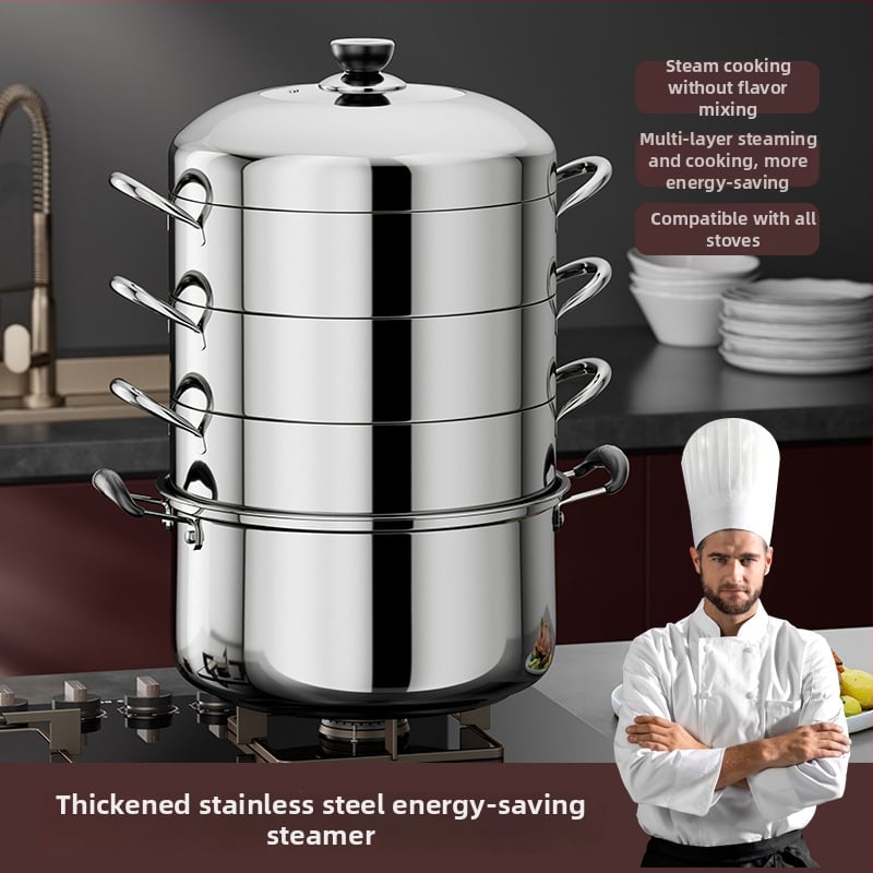 Kućna posuda za paru od čelika 430, 4 razine, kompatibilna s indukcijskim pločom, bez električne energije, s košaricom za paru