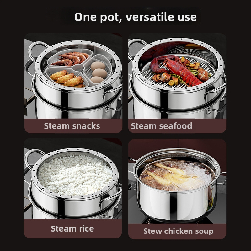 Kućna posuda za paru od čelika 430, 4 razine, kompatibilna s indukcijskim pločom, bez električne energije, s košaricom za paru