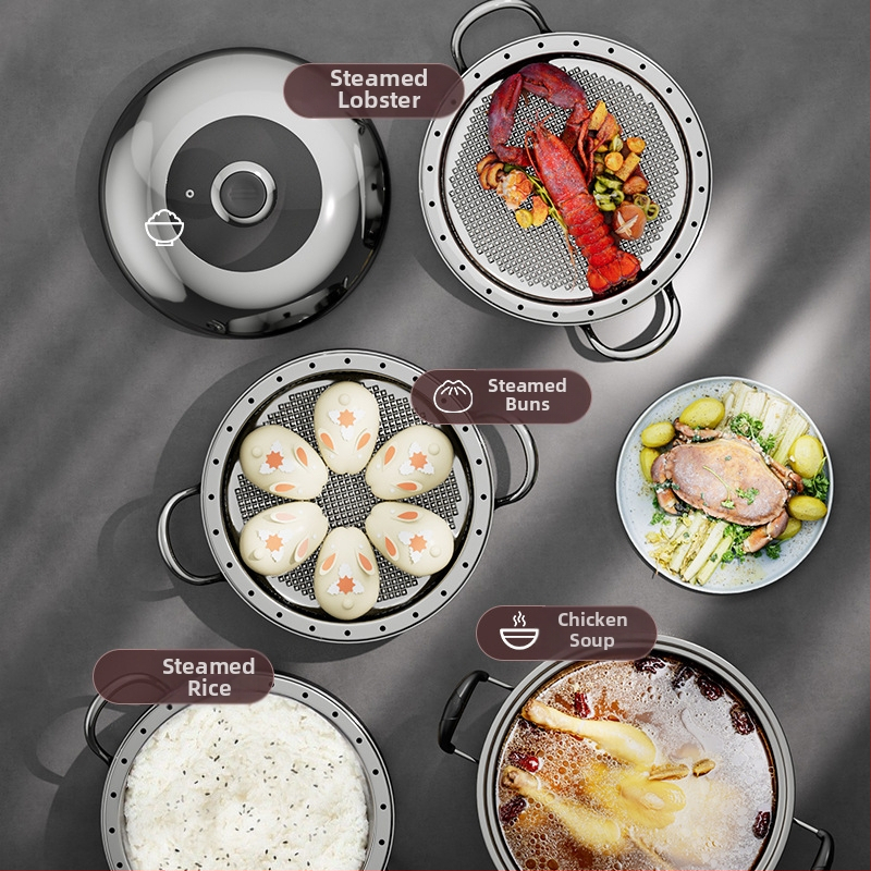 Kućna posuda za paru od čelika 430, 4 razine, kompatibilna s indukcijskim pločom, bez električne energije, s košaricom za paru