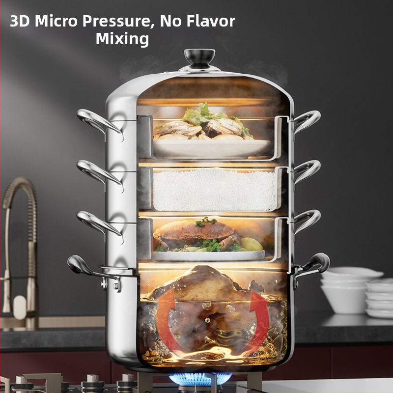 Kućna posuda za paru od čelika 430, 4 razine, kompatibilna s indukcijskim pločom, bez električne energije, s košaricom za paru