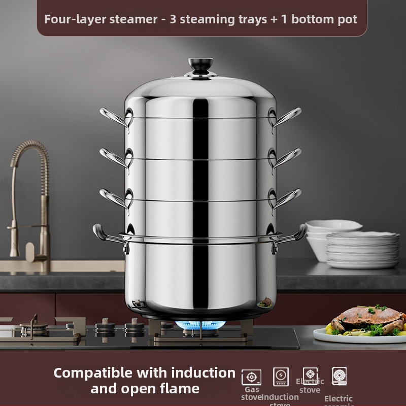 Kućna posuda za paru od čelika 430, 4 razine, kompatibilna s indukcijskim pločom, bez električne energije, s košaricom za paru