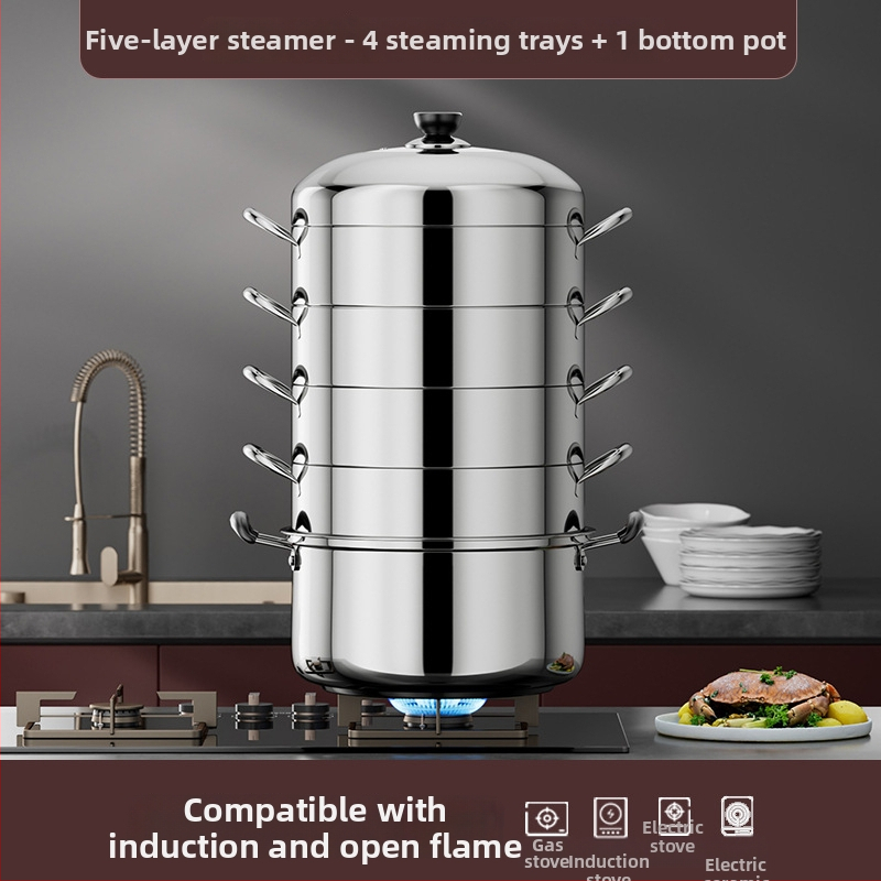 Kućna posuda za paru od čelika 430, 4 razine, kompatibilna s indukcijskim pločom, bez električne energije, s košaricom za paru