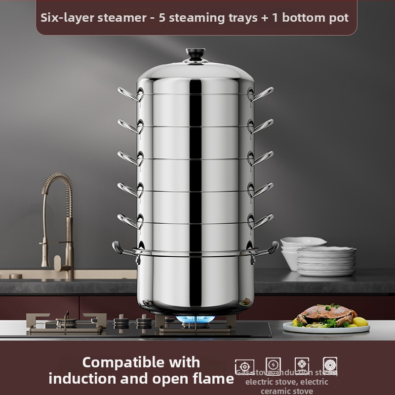 Kućna posuda za paru od čelika 430, 4 razine, kompatibilna s indukcijskim pločom, bez električne energije, s košaricom za paru