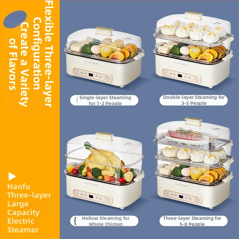 Elektrický parný hrniec pre domácnosť, 3-poschodový dizajn, objem 10 L+, 1500 W, 220 V, dotykové ovládanie