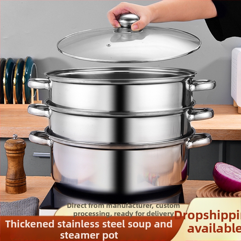 Parný hrniec z nehrdzavejúcej ocele 400 série, 4 úrovne, sklenený kryt, jednopodlažné dno