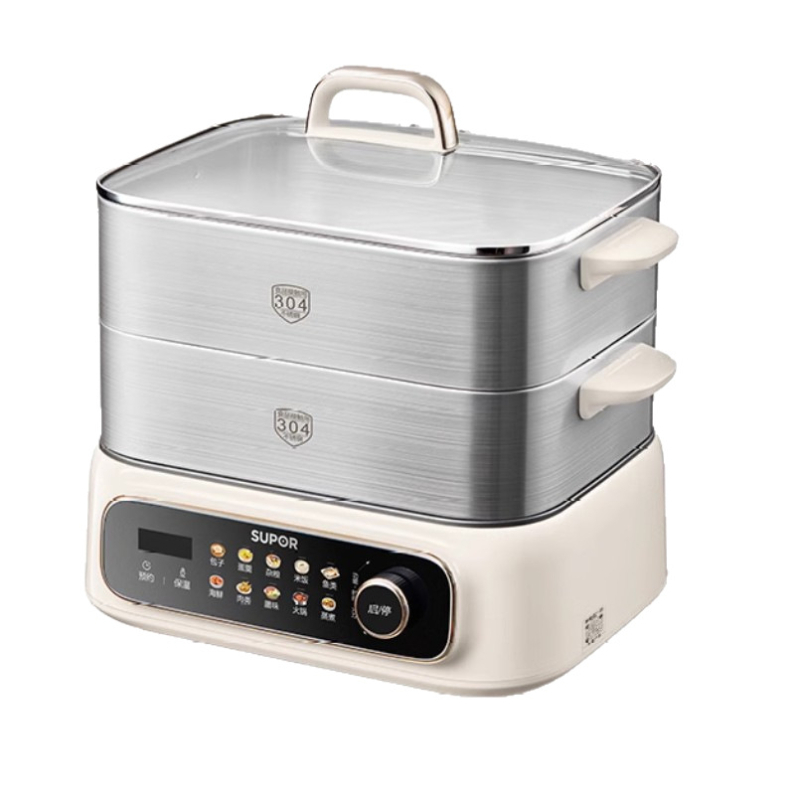 Supor gătitor electric cu aburi, trei niveluri, oțel inoxidabil, capacitate 10 L+, control tactil