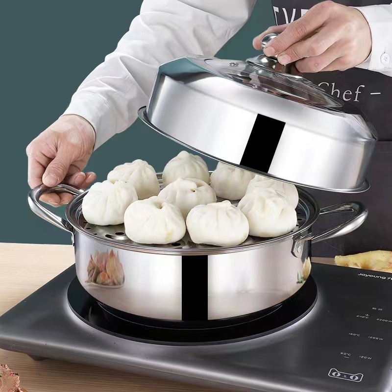 Posuda za parenje od nehrđajućeg čelika, 2 sloja, stakleni poklopac, jedno dno, prilagodljiva obrada