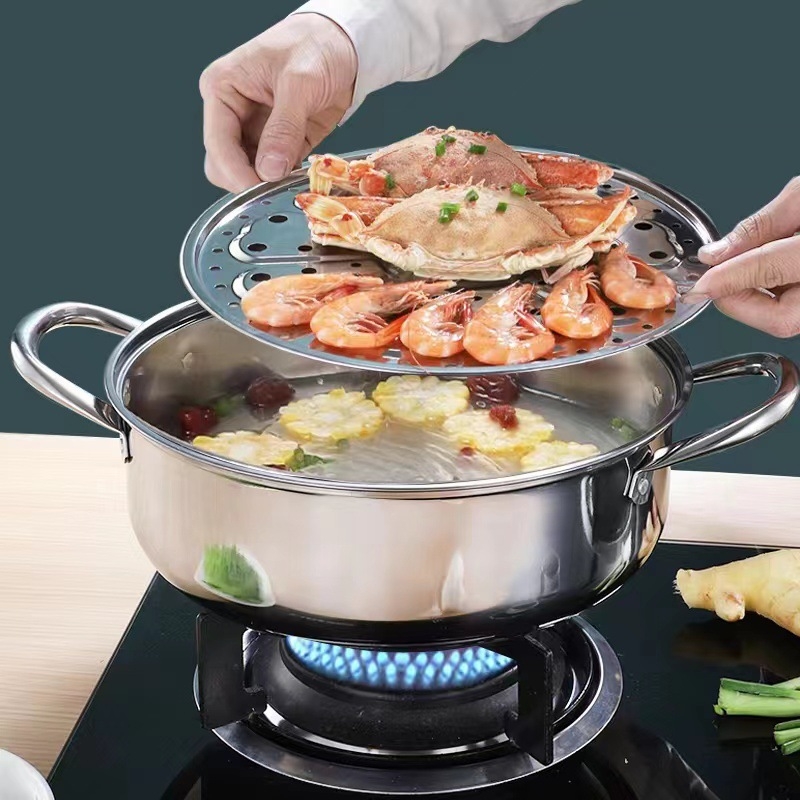 Posuda za parenje od nehrđajućeg čelika, 2 sloja, stakleni poklopac, jedno dno, prilagodljiva obrada