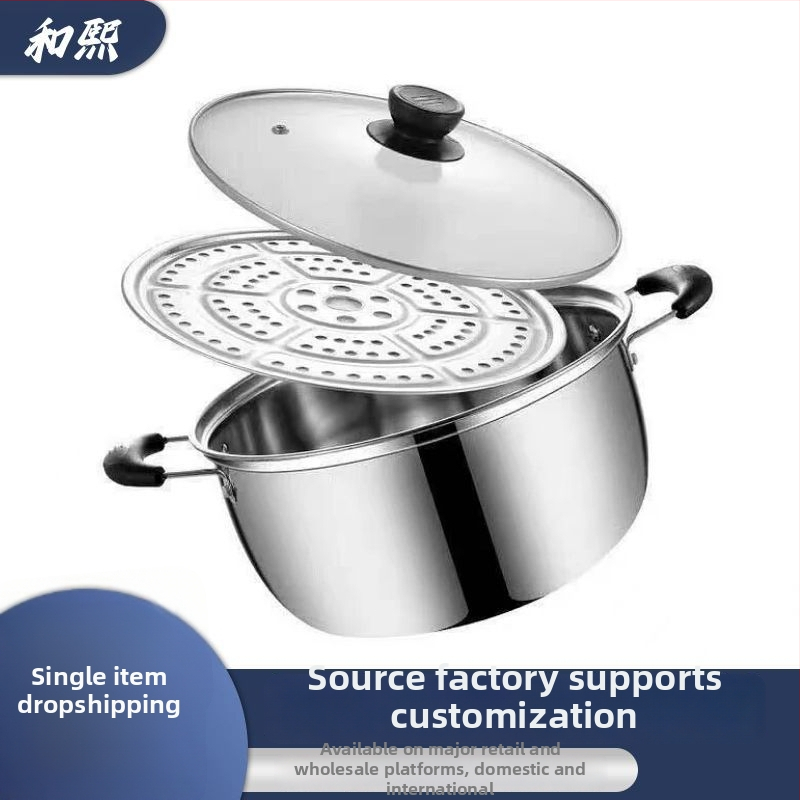 HX-022 Nerezová oceľ 201, hrniec na parenie s jednopodlažným dnom, sklenený kryt, vhodný pre plynovú a indukčnú varu