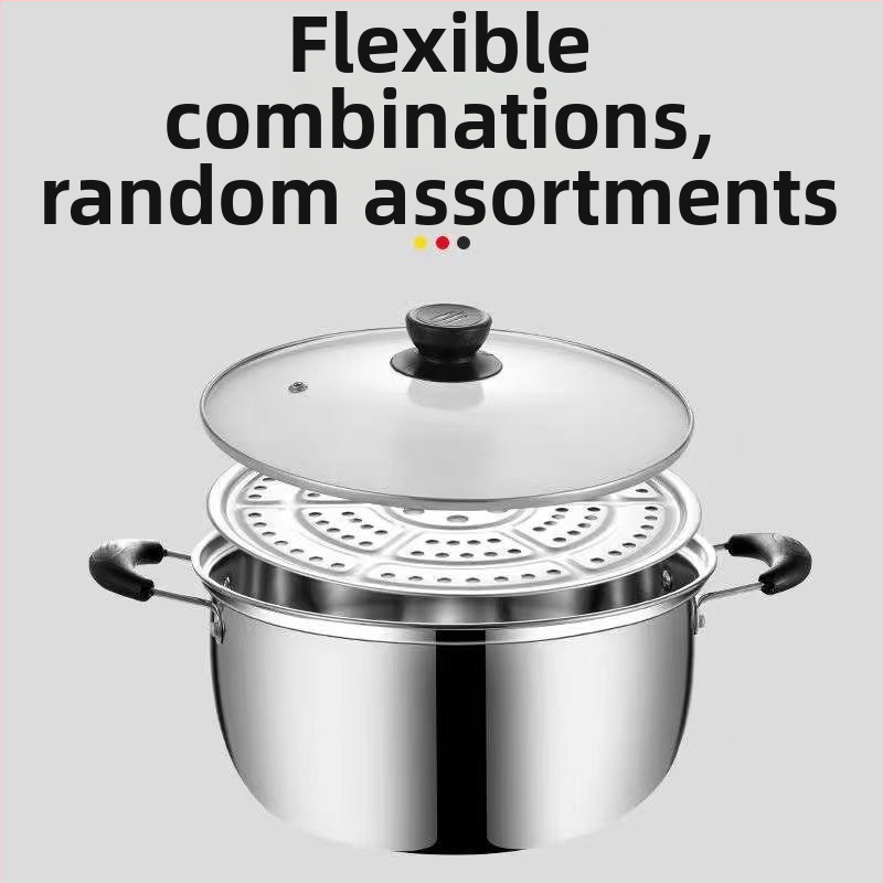 HX-022 Nerezová oceľ 201, hrniec na parenie s jednopodlažným dnom, sklenený kryt, vhodný pre plynovú a indukčnú varu